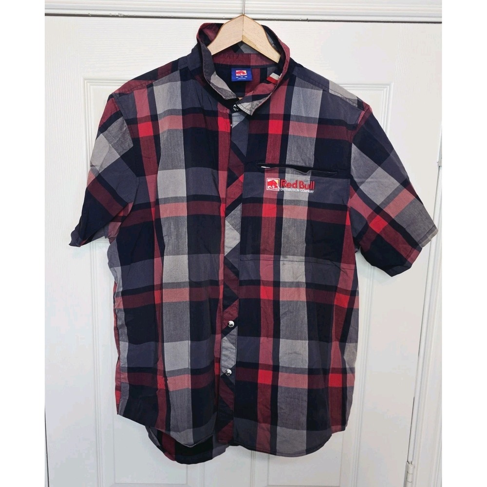 Red Bull Distribution Company Plaid Checkered Full Zip Shirt Size Large